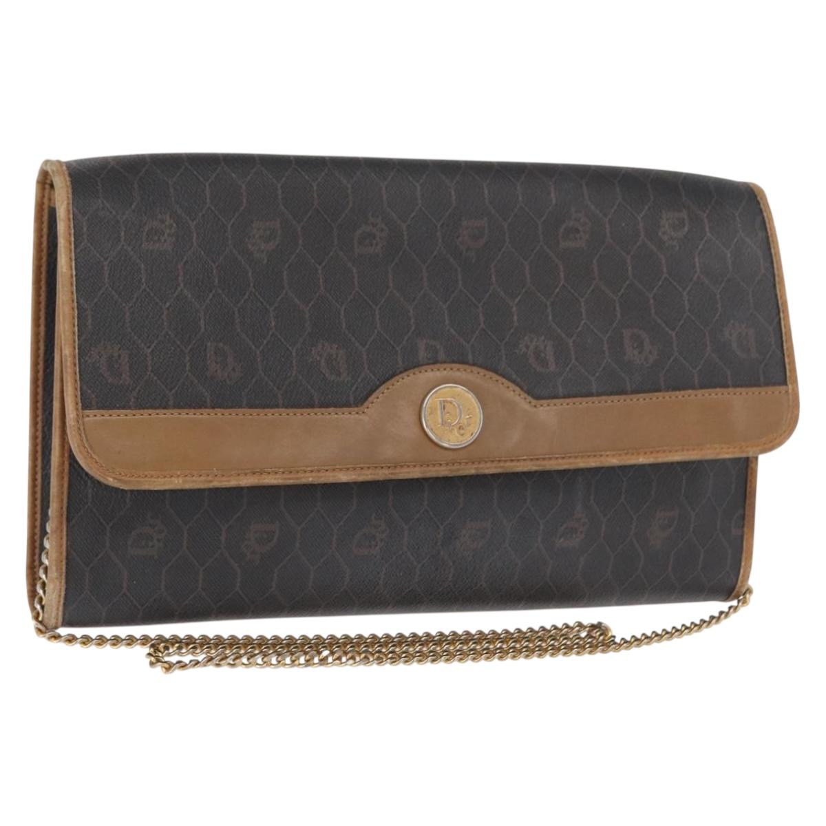 Christian Dior Honeycomb Canvas Chain Shoulder Bag PVC Black Gold Auth bs32105