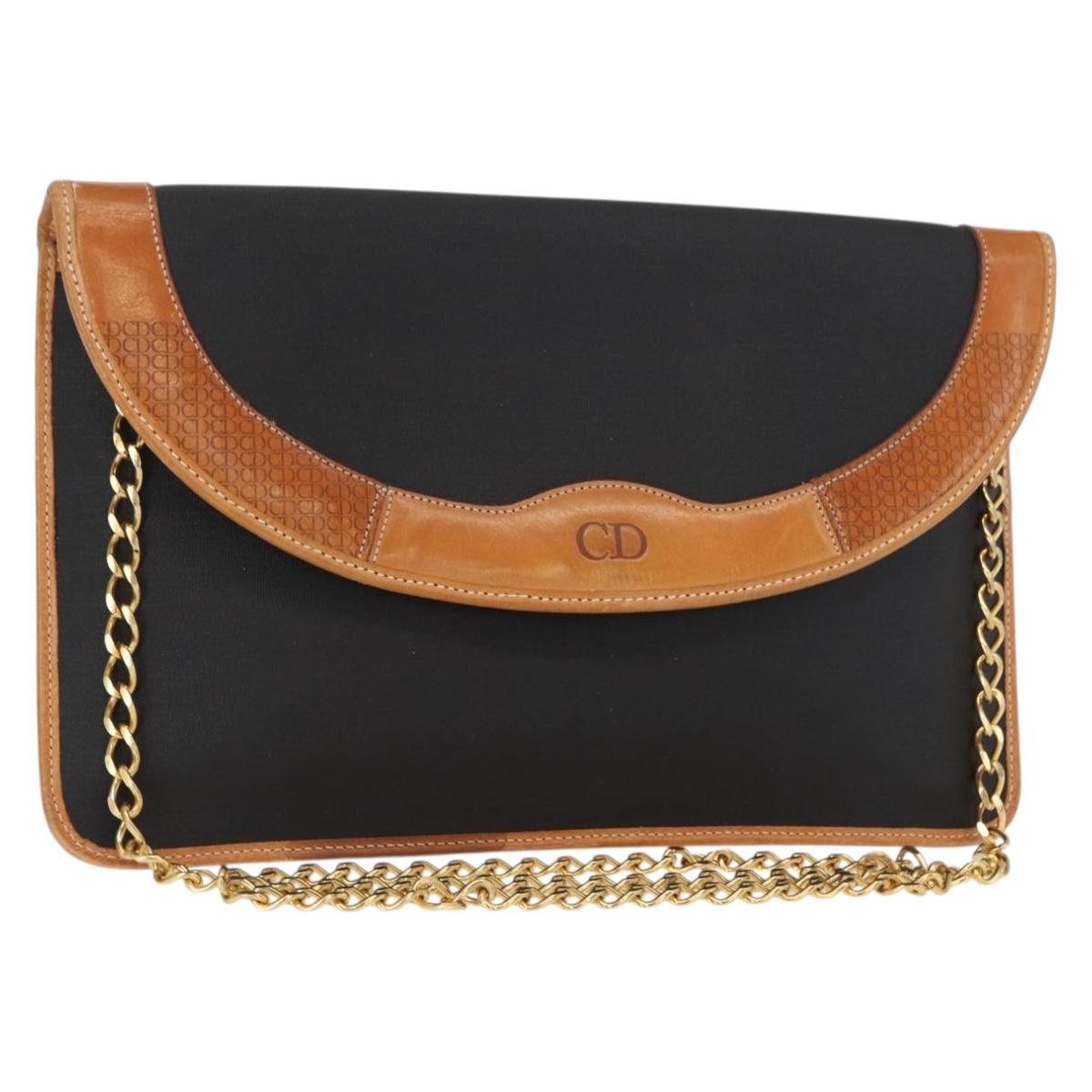 Christian Dior Chain Shoulder Bag Nylon Leather Black Gold Auth bs32108
