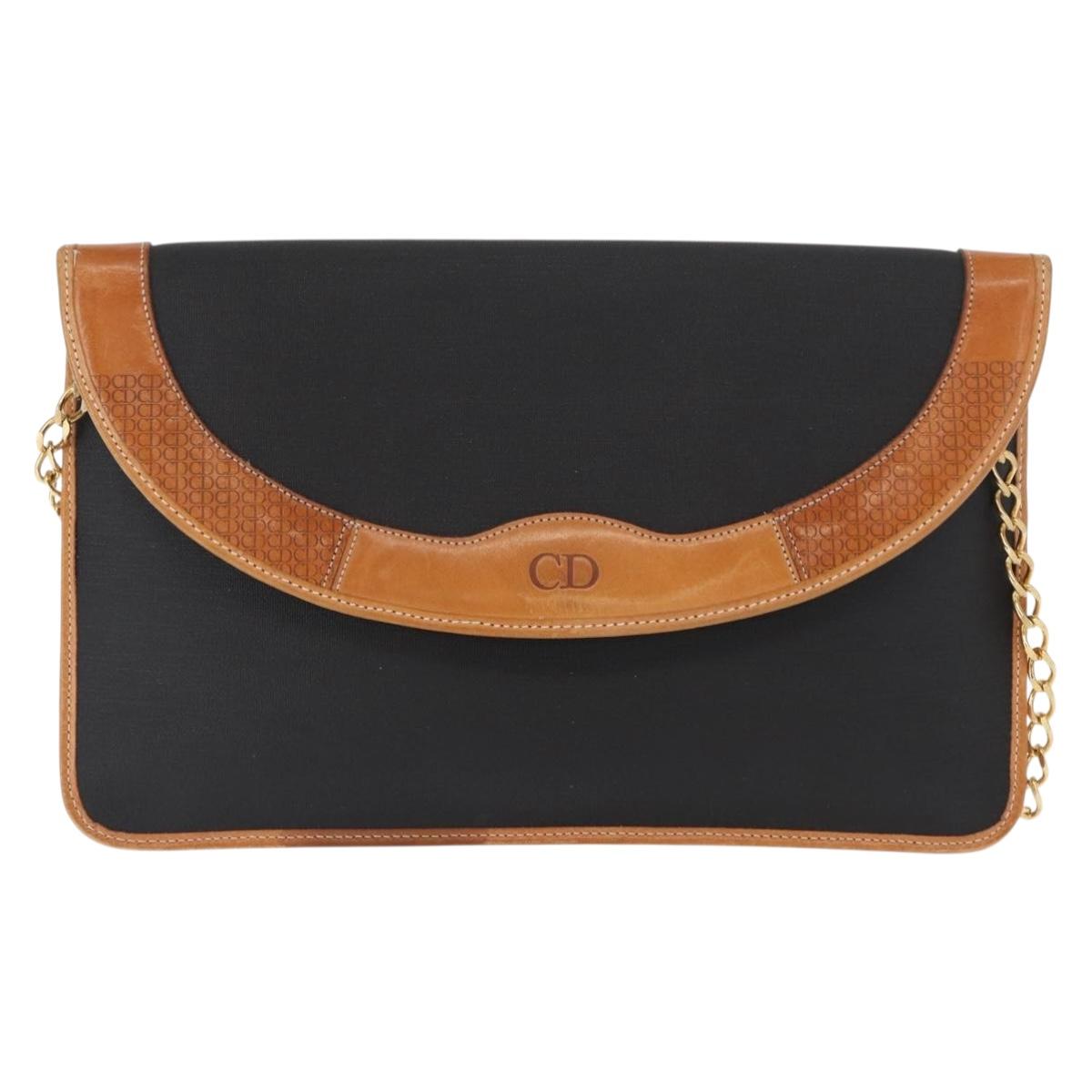 Christian Dior Chain Shoulder Bag Nylon Leather Black Gold Auth bs32108