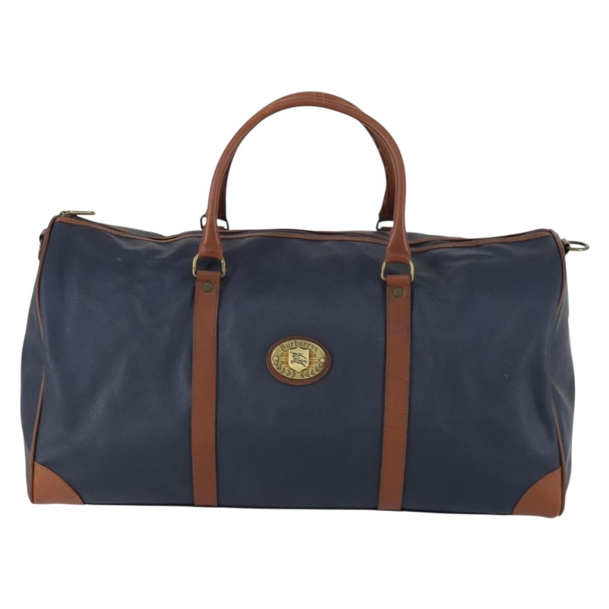 Burberrys Boston Bag Leather Navy Gold Auth bs32129