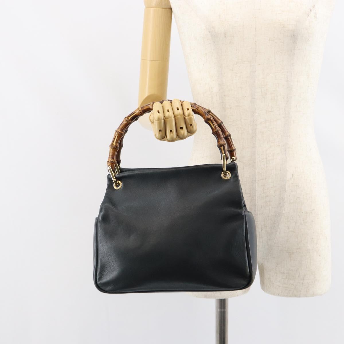 GUCCI Bamboo Hand Bag Leather Navy gold 000 3444 0575 Auth bs32136
