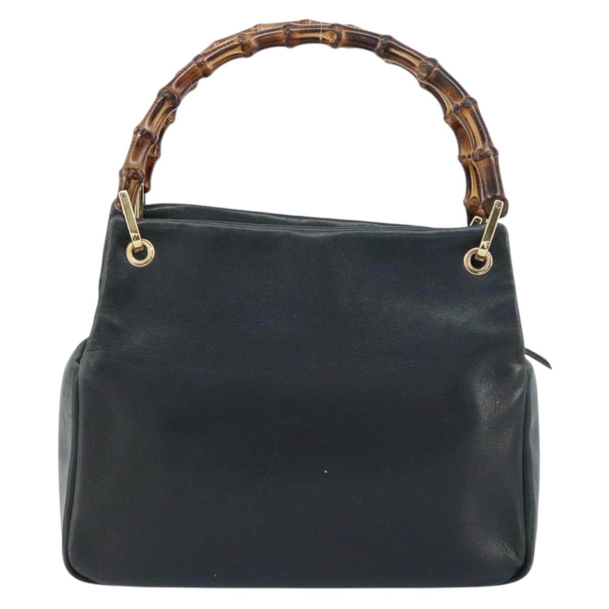 GUCCI Bamboo Hand Bag Leather Navy gold 000 3444 0575 Auth bs32136