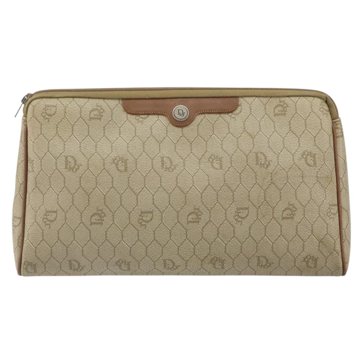Christian Dior Honeycomb Canvas Clutch Bag PVC Beige Auth bs32152