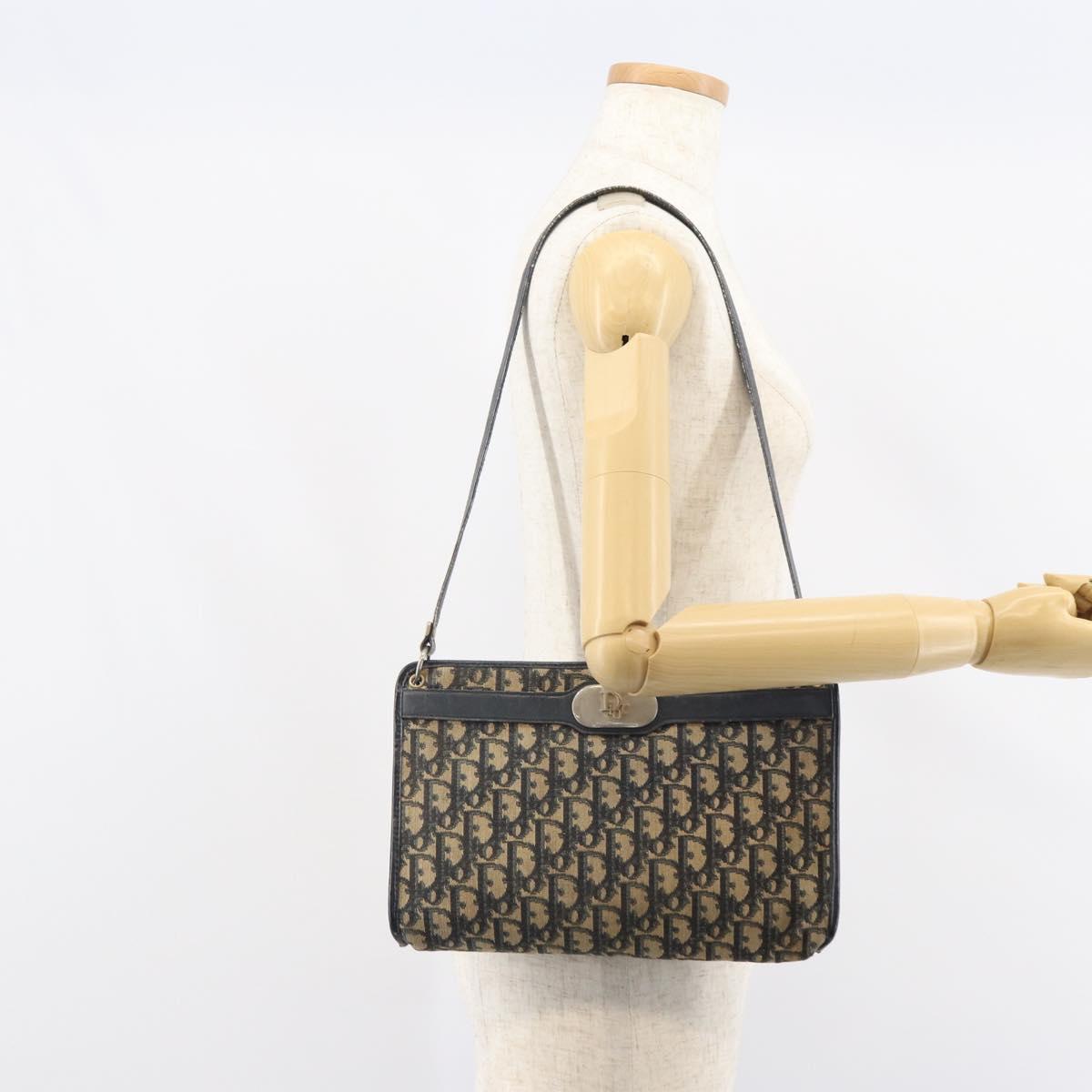 Christian Dior Trotter Canvas Shoulder Bag Navy Gold Auth bs32154