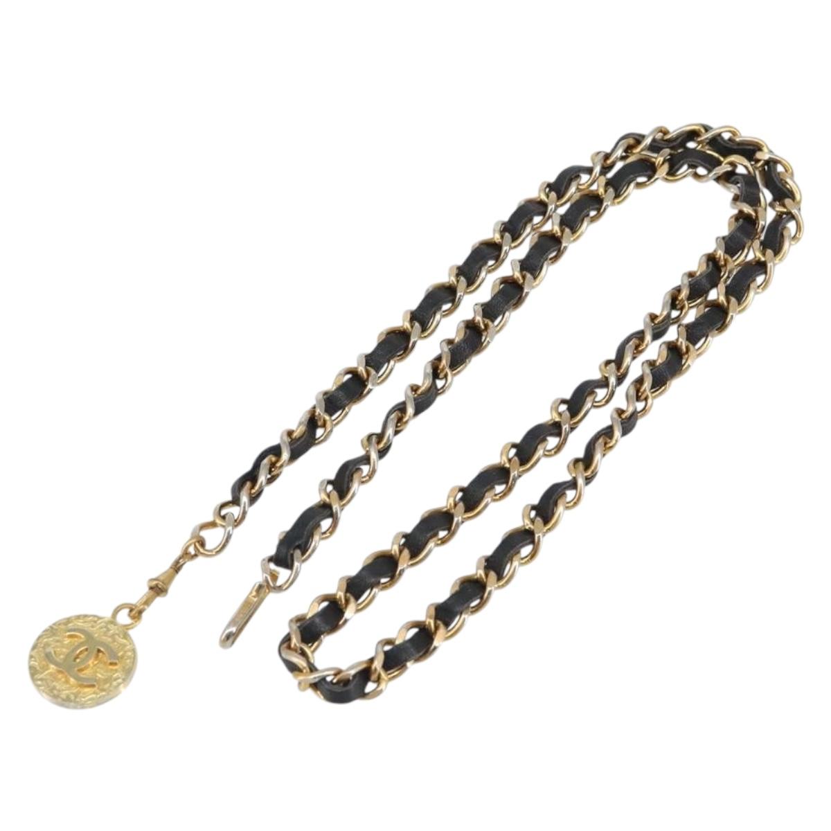 CHANEL Chain Belt metal Black Gold CC Auth bs32170