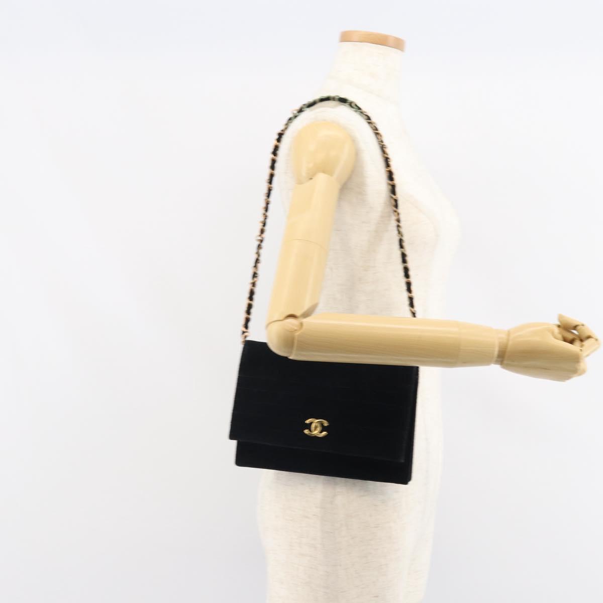 CHANEL Mademoiselle Chain Shoulder Bag Velor Black Gold CC Auth bs32175