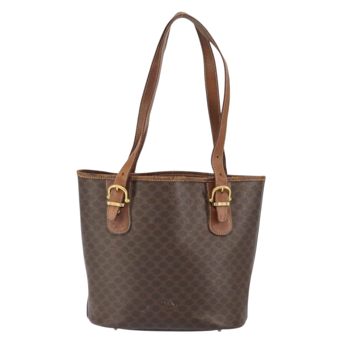 CELINE Macadam Canvas Tote Bag PVC Leather Brown Gold Auth bs32180