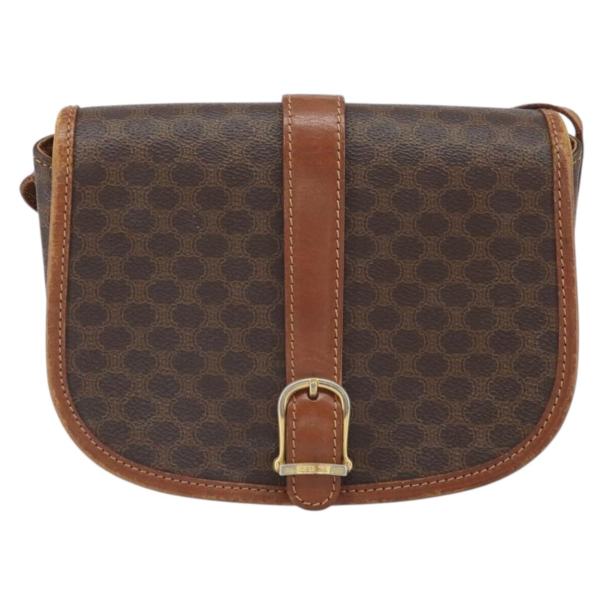 CELINE Macadam Canvas Shoulder Bag PVC Leather Brown Gold Auth bs32191