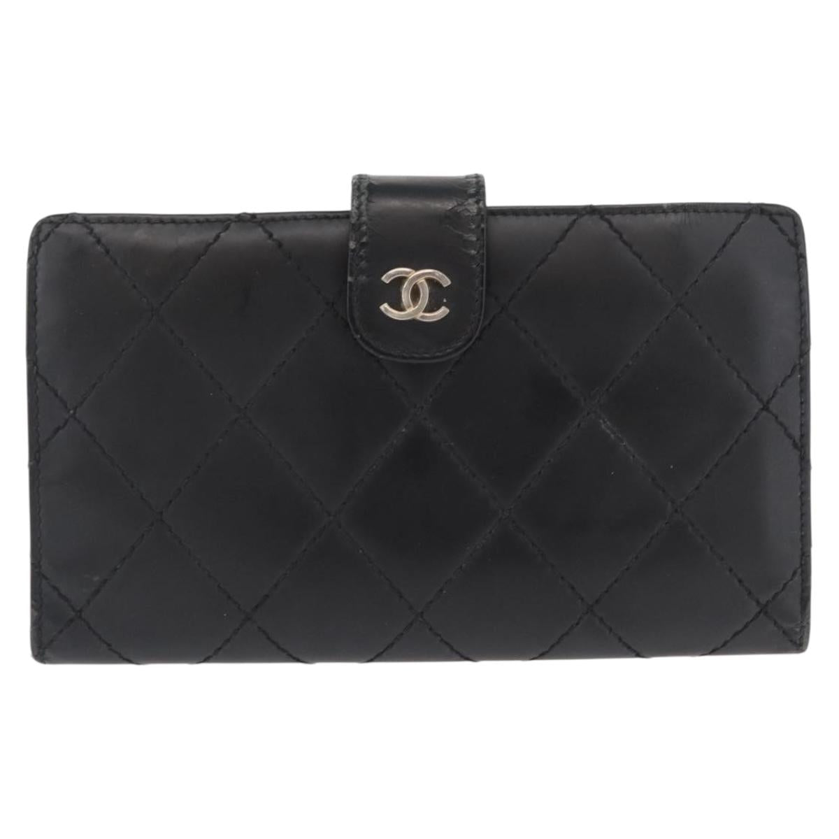CHANEL Matelasse Long Wallet Leather Black Gold CC Auth bs32198