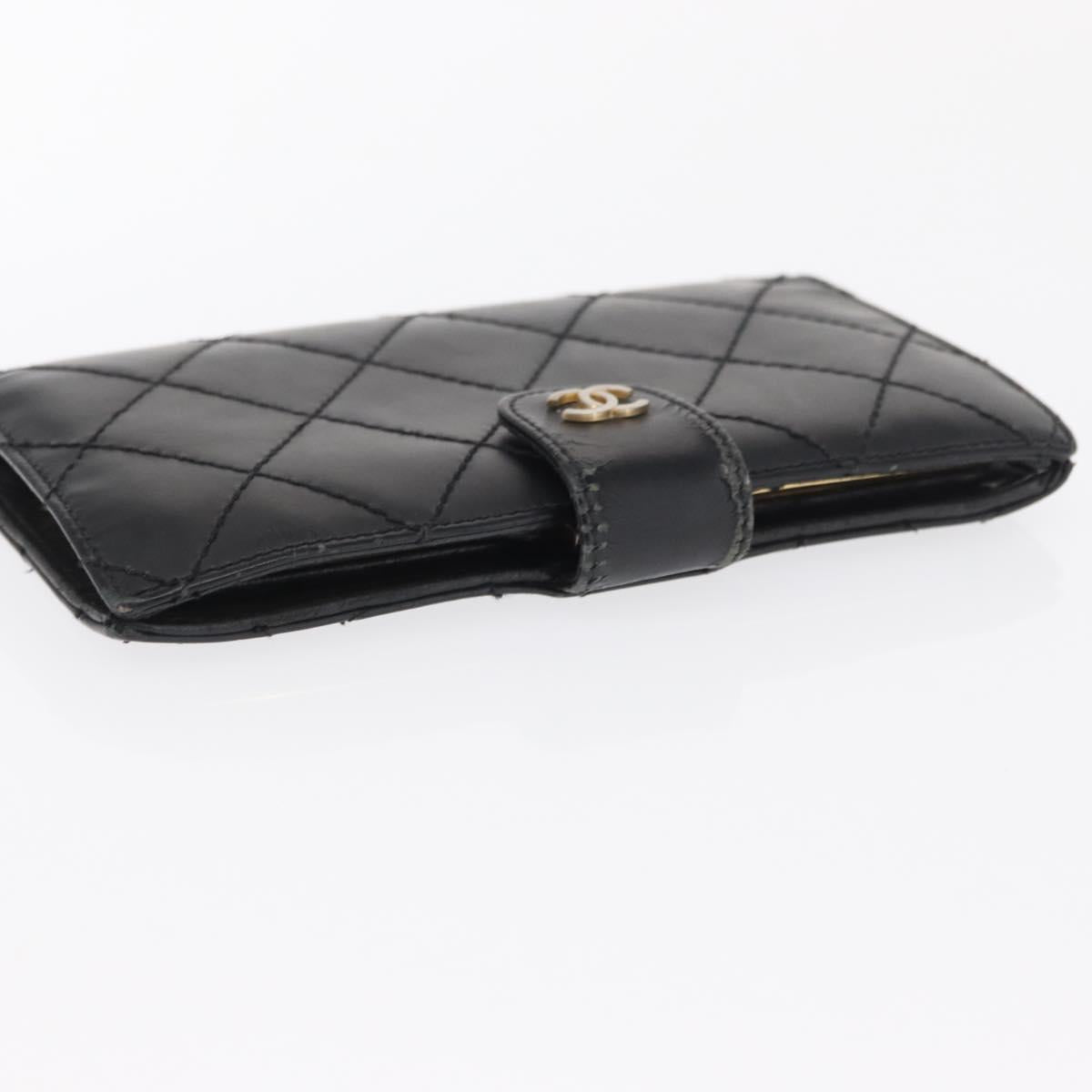 CHANEL Matelasse Long Wallet Leather Black Gold CC Auth bs32198