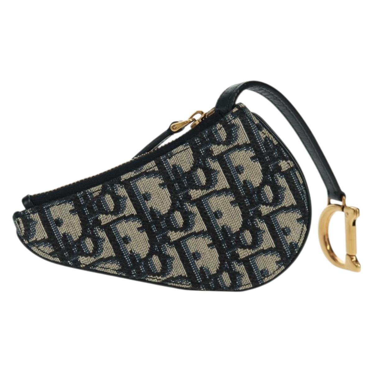 Christian Dior Trotter Canvas Saddle Pouch Navy Gold Auth bs32208V