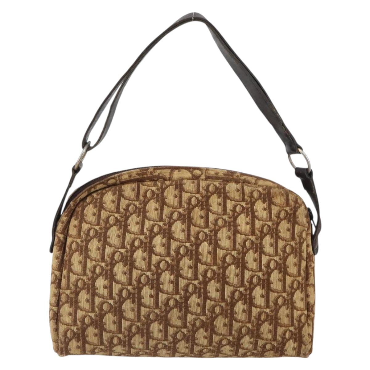 Christian Dior Trotter Canvas Shoulder Bag Brown Gold Auth bs32243