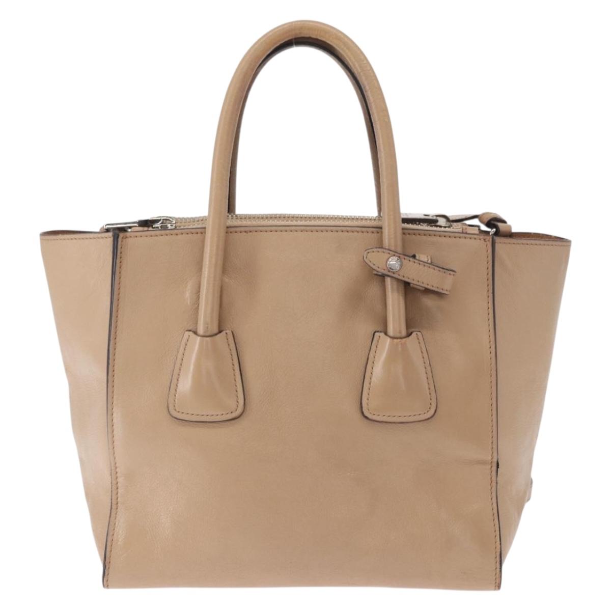 PRADA Tote Bag Leather 2way Beige Silver Auth bs32248