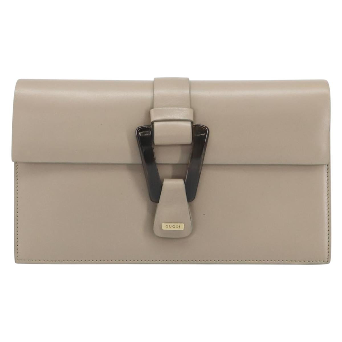 GUCCI Clutch Bag Leather Outlet Beige Gold Auth bs32278