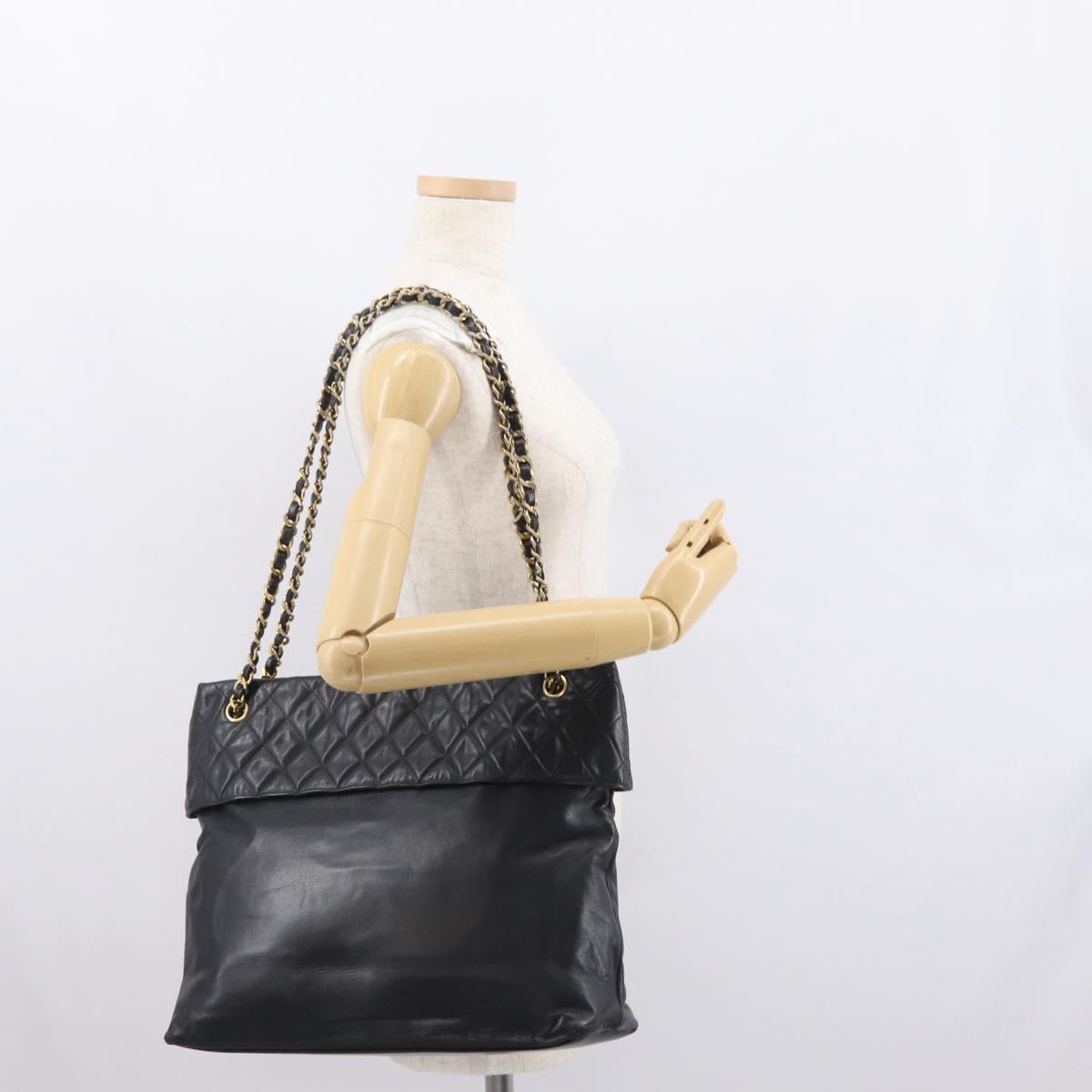 CHANEL Matelasse Chain Shoulder Bag Lamb Skin Black Gold CC Auth bs32292