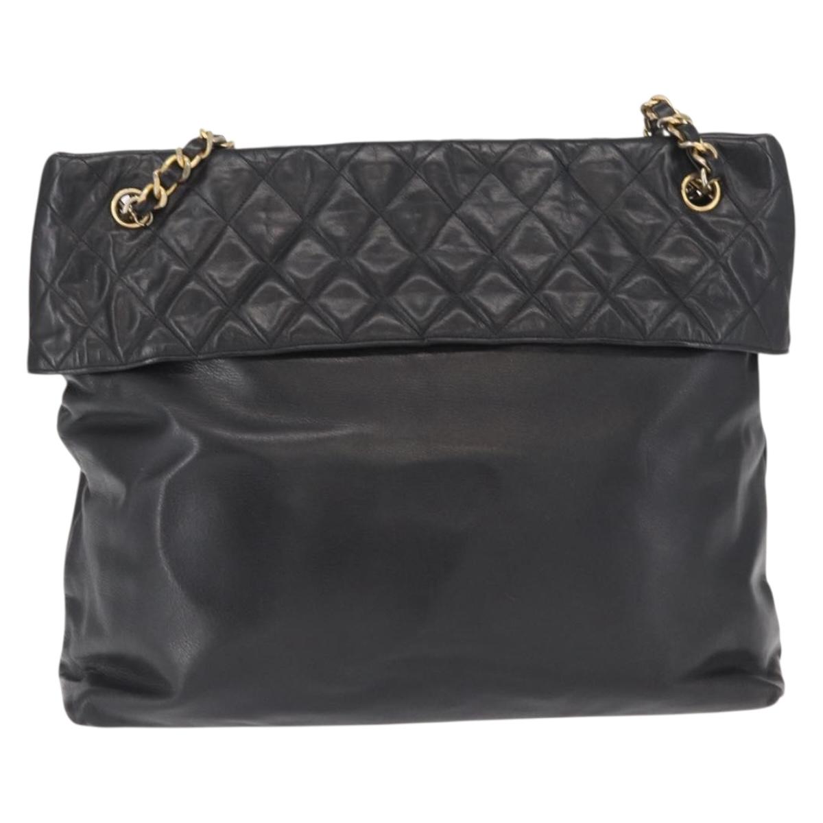 CHANEL Matelasse Chain Shoulder Bag Lamb Skin Black Gold CC Auth bs32292