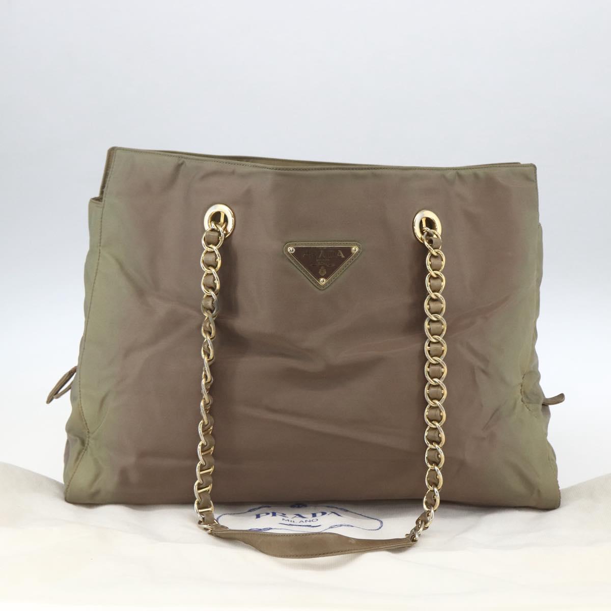 PRADA Chain Shoulder Bag Nylon Khaki Gold Auth bs32294