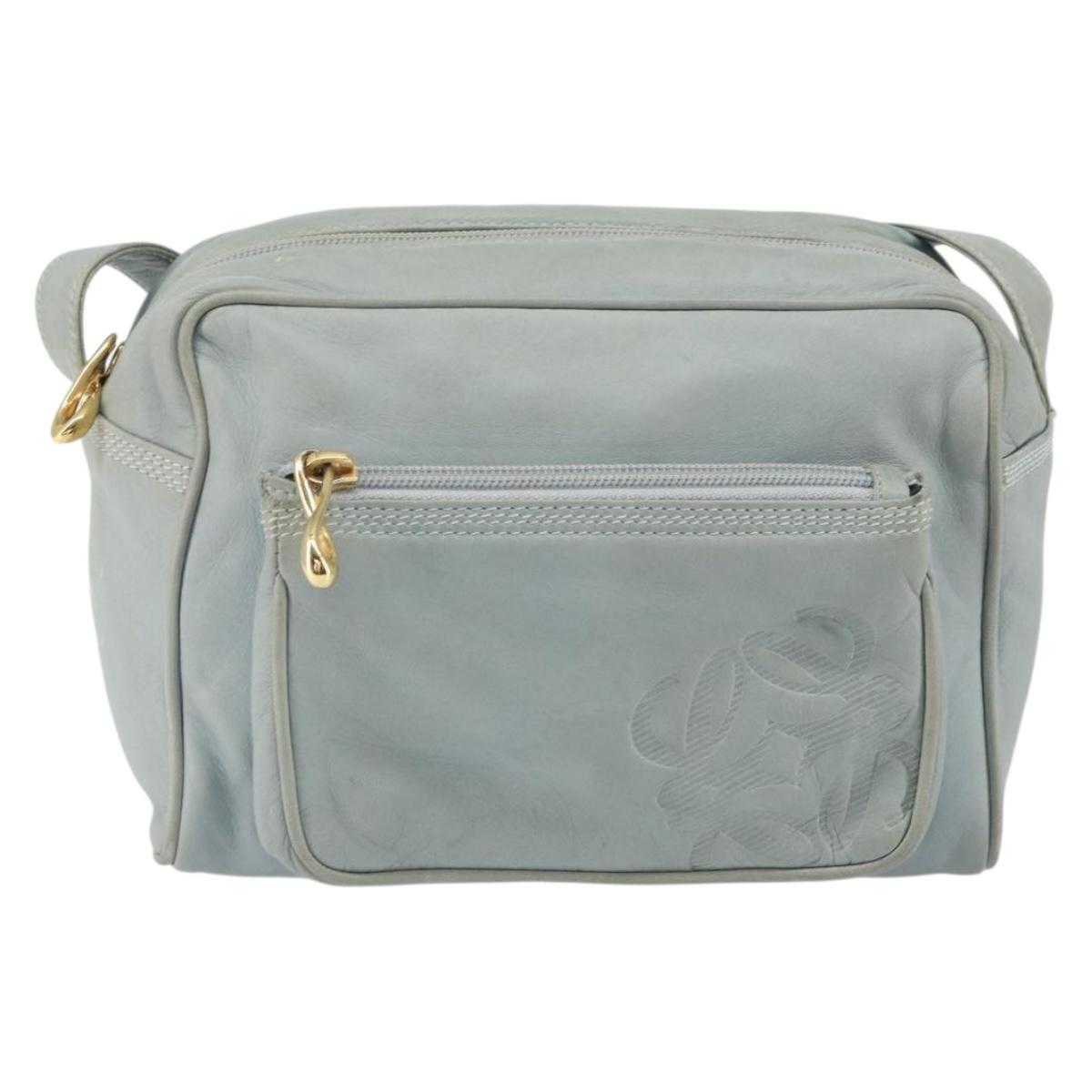 LOEWE Anagram Shoulder Bag Leather Light Blue Gold Auth bs32302