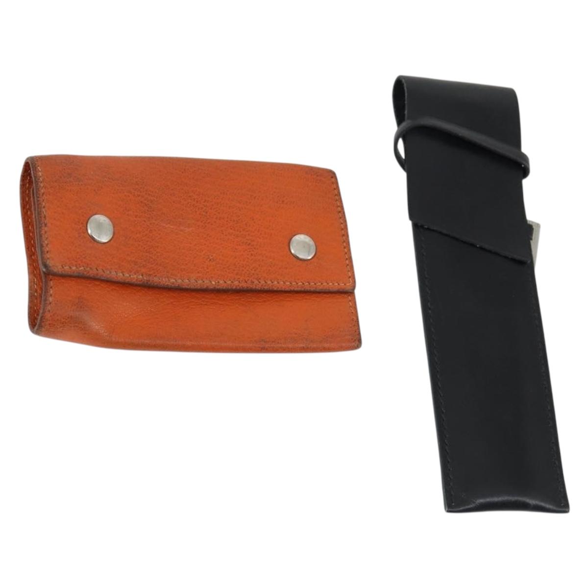 HERMES Key Case Leather 2 Set Black Orange Auth bs32344