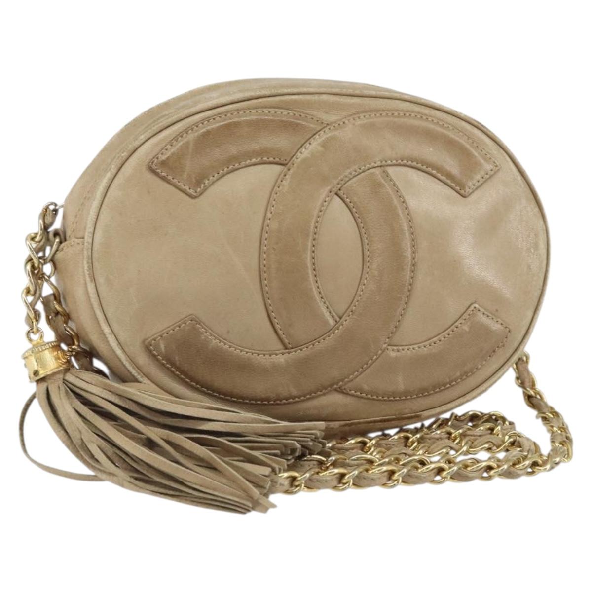 CHANEL Chain Shoulder Bag Lamb Skin Beige Gold CC Auth bs32361