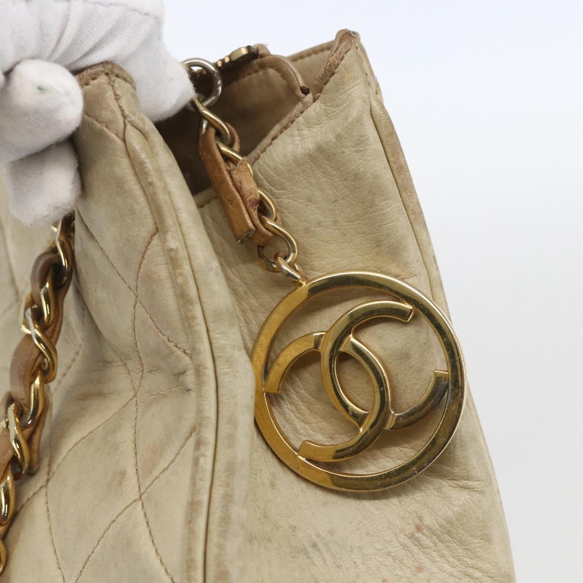 CHANEL Chain Matelasse Tote Bag Lamb Skin Beige Gold CC Auth bs32364