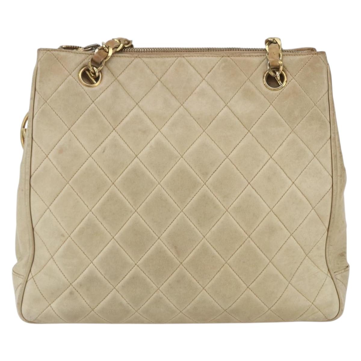 CHANEL Chain Matelasse Tote Bag Lamb Skin Beige Gold CC Auth bs32364
