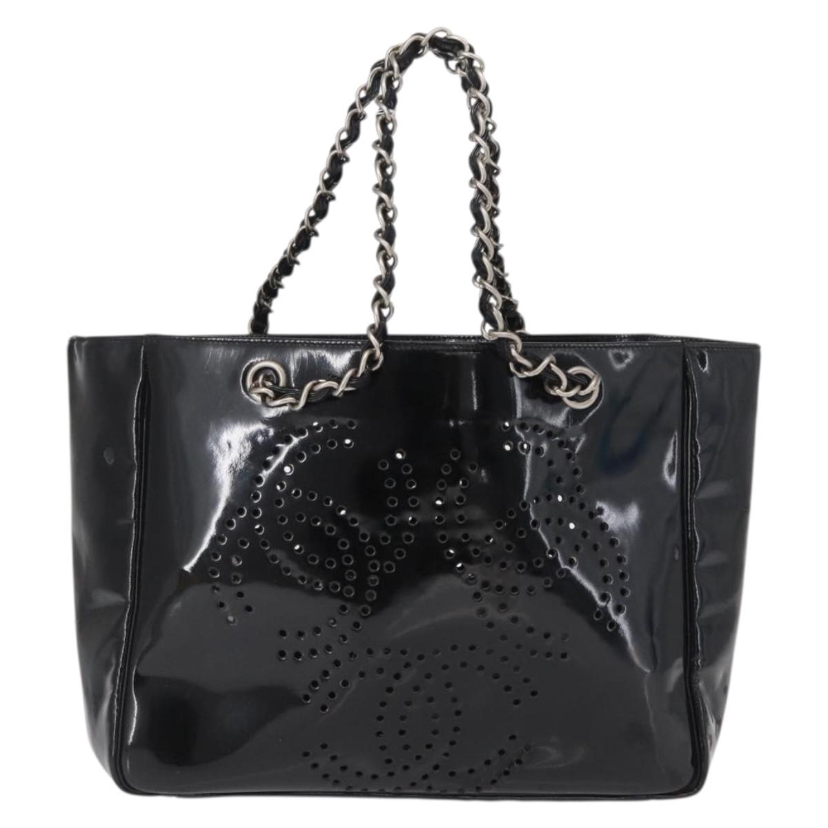 CHANEL Chain Tote Bag Patent leather Black Silver CC Auth bs32366
