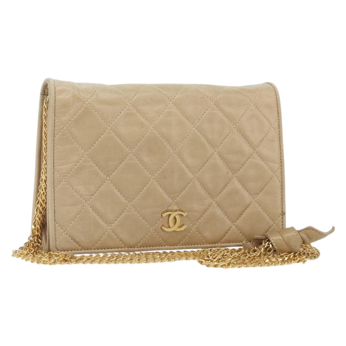 CHANEL Matelasse Chain Shoulder Bag Lamb Skin Beige Gold CC Auth bs32367