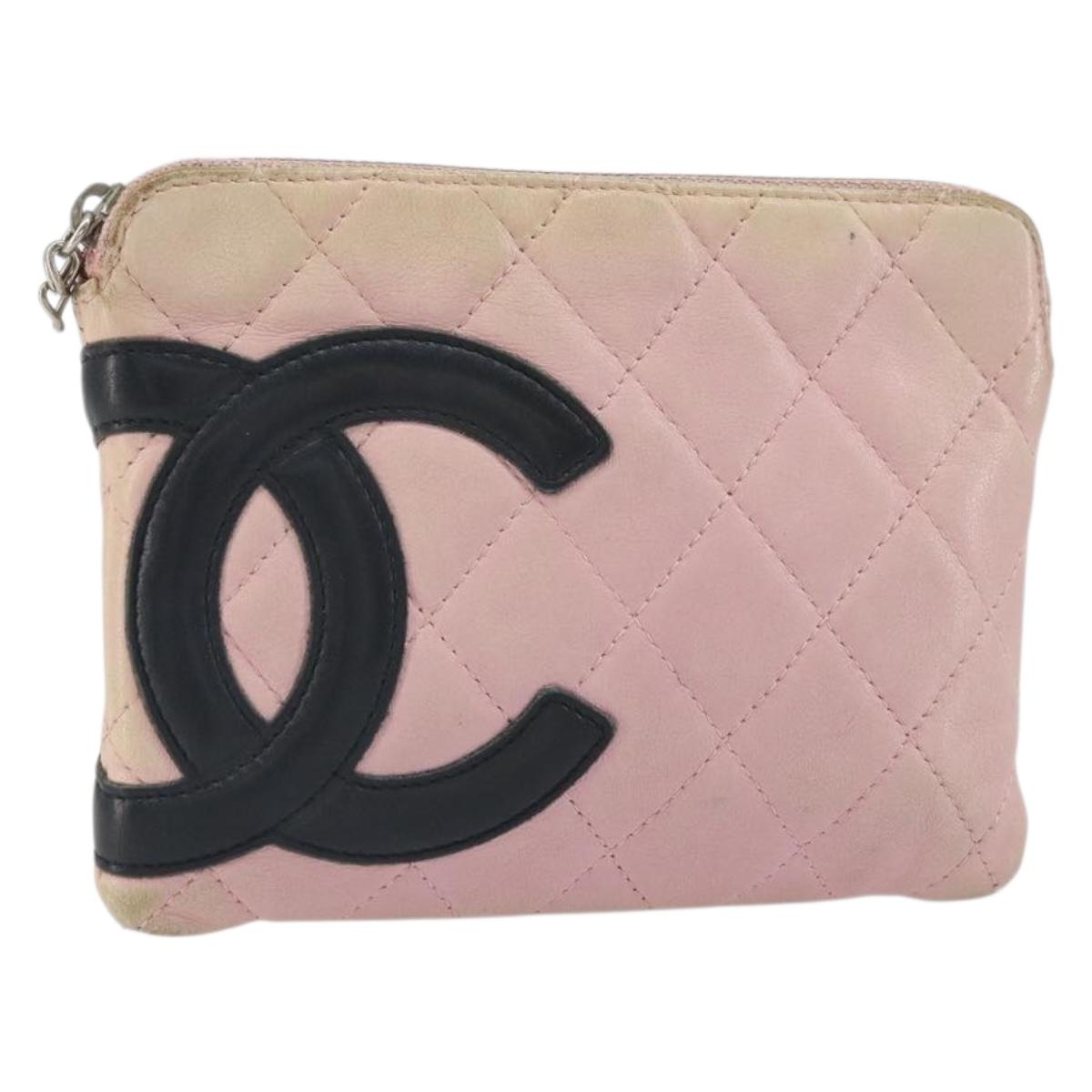CHANEL Cambon Line Pouch Leather Pink Silver CC Auth bs32374