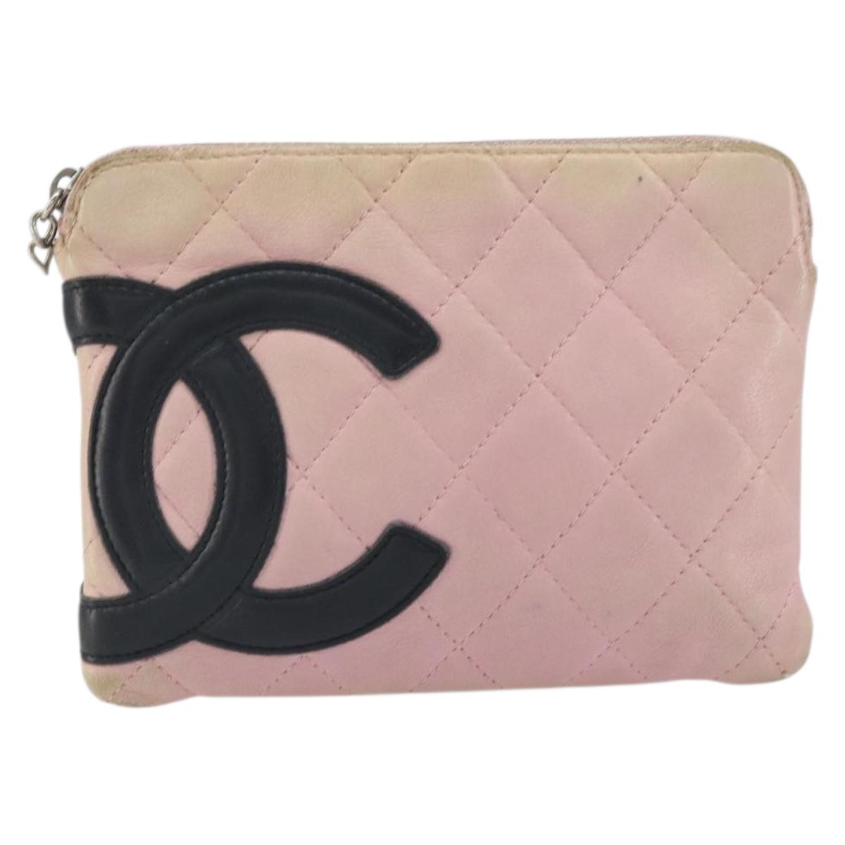 CHANEL Cambon Line Pouch Leather Pink Silver CC Auth bs32374