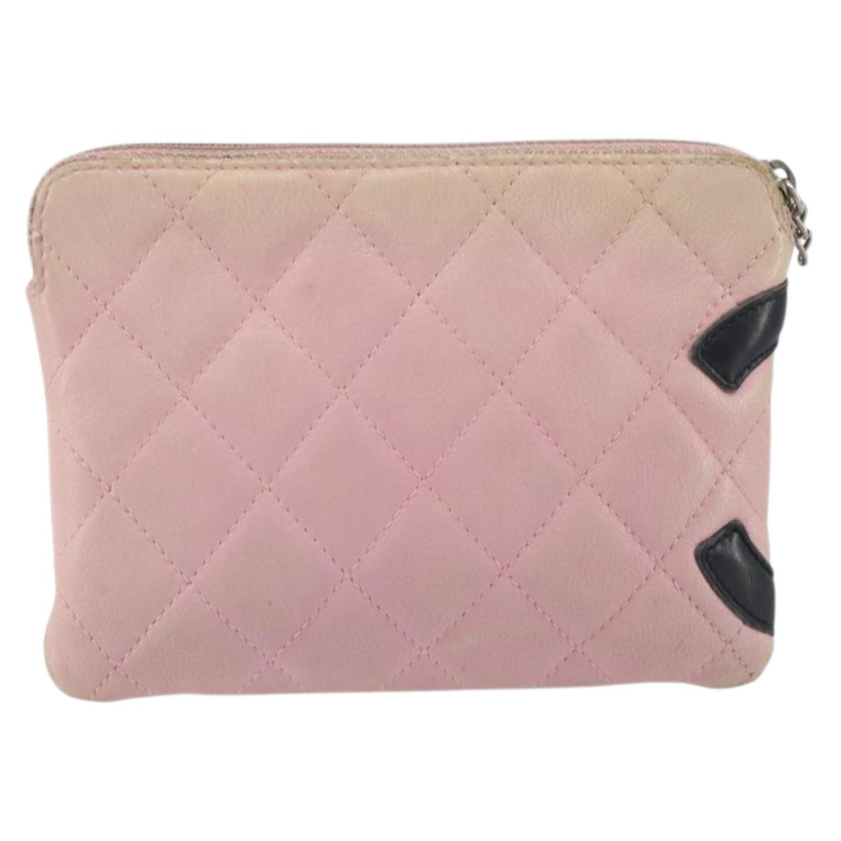 CHANEL Cambon Line Pouch Leather Pink Silver CC Auth bs32374