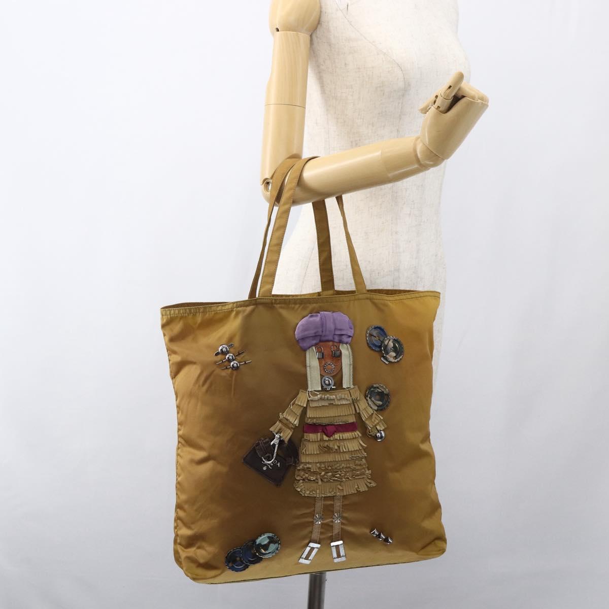 PRADA Tote Bag Nylon Beige Silver Auth bs32379