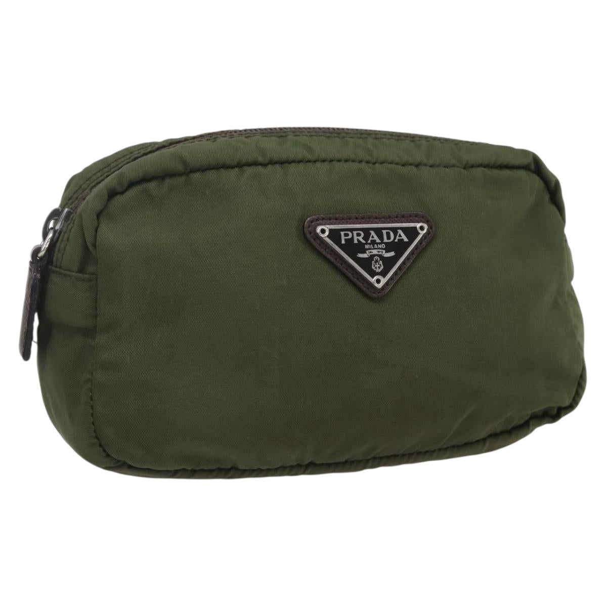 PRADA Pouch Nylon Khaki Silver Auth bs32389
