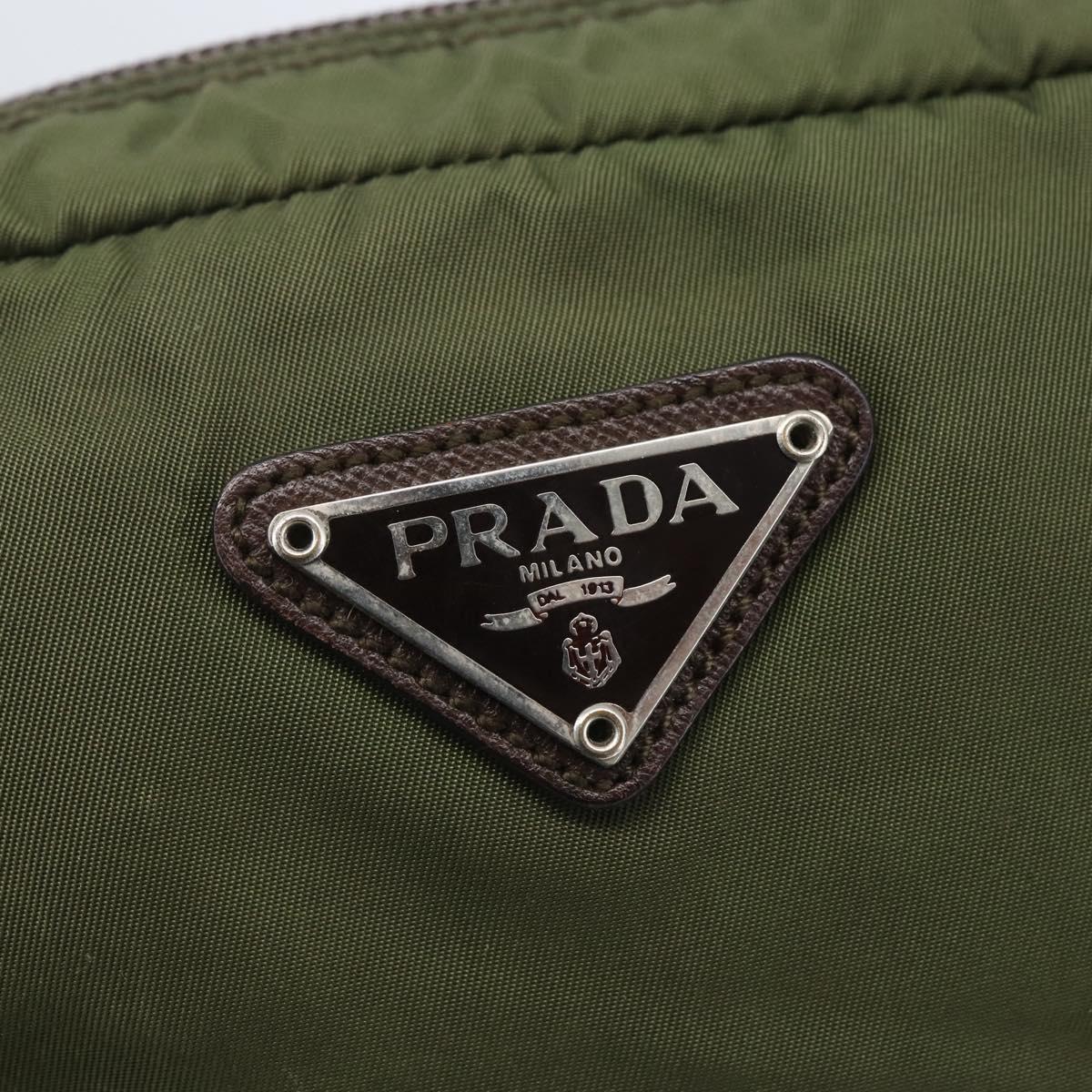 PRADA Pouch Nylon Khaki Silver Auth bs32389