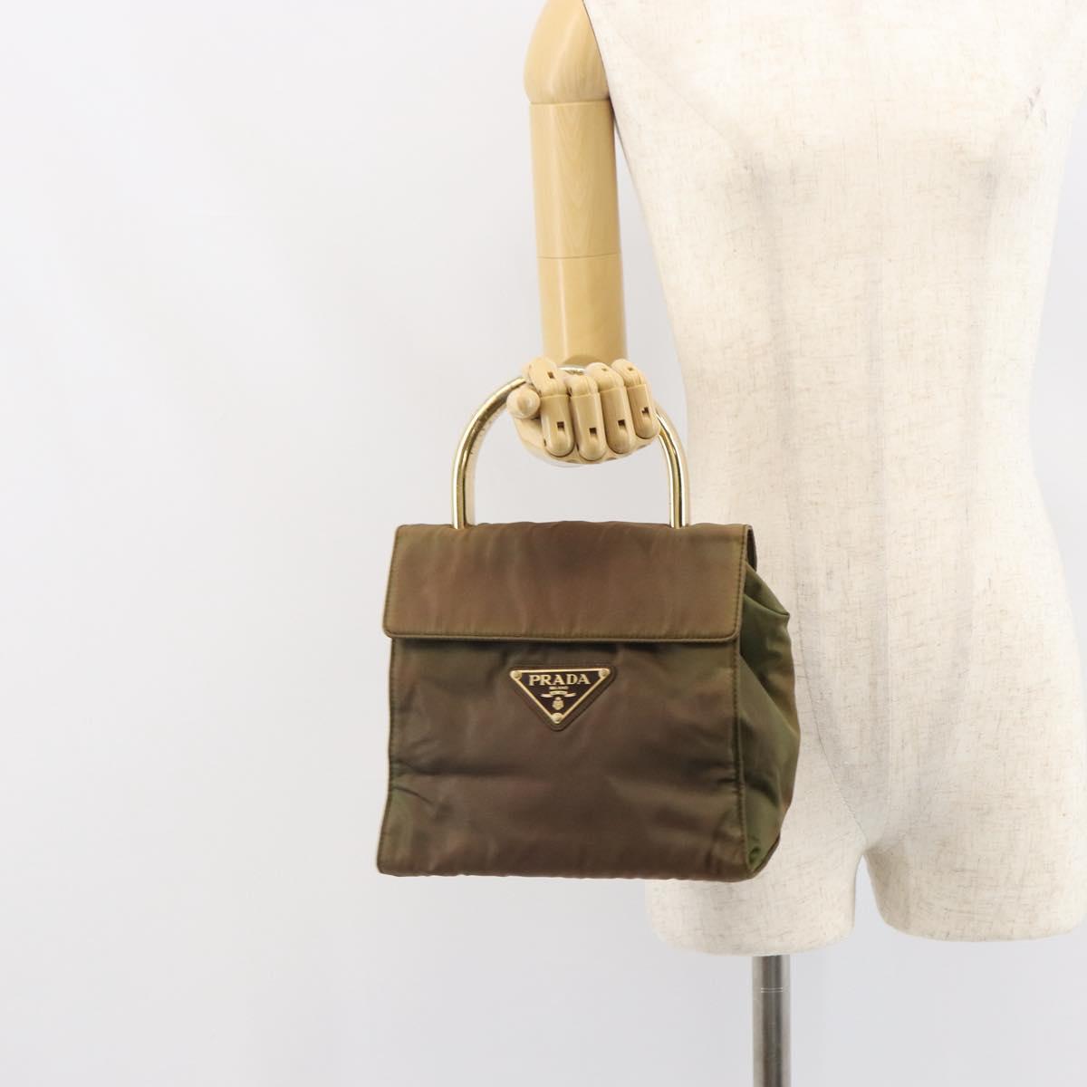 PRADA Hand Bag Nylon Khaki Gold Auth bs32391