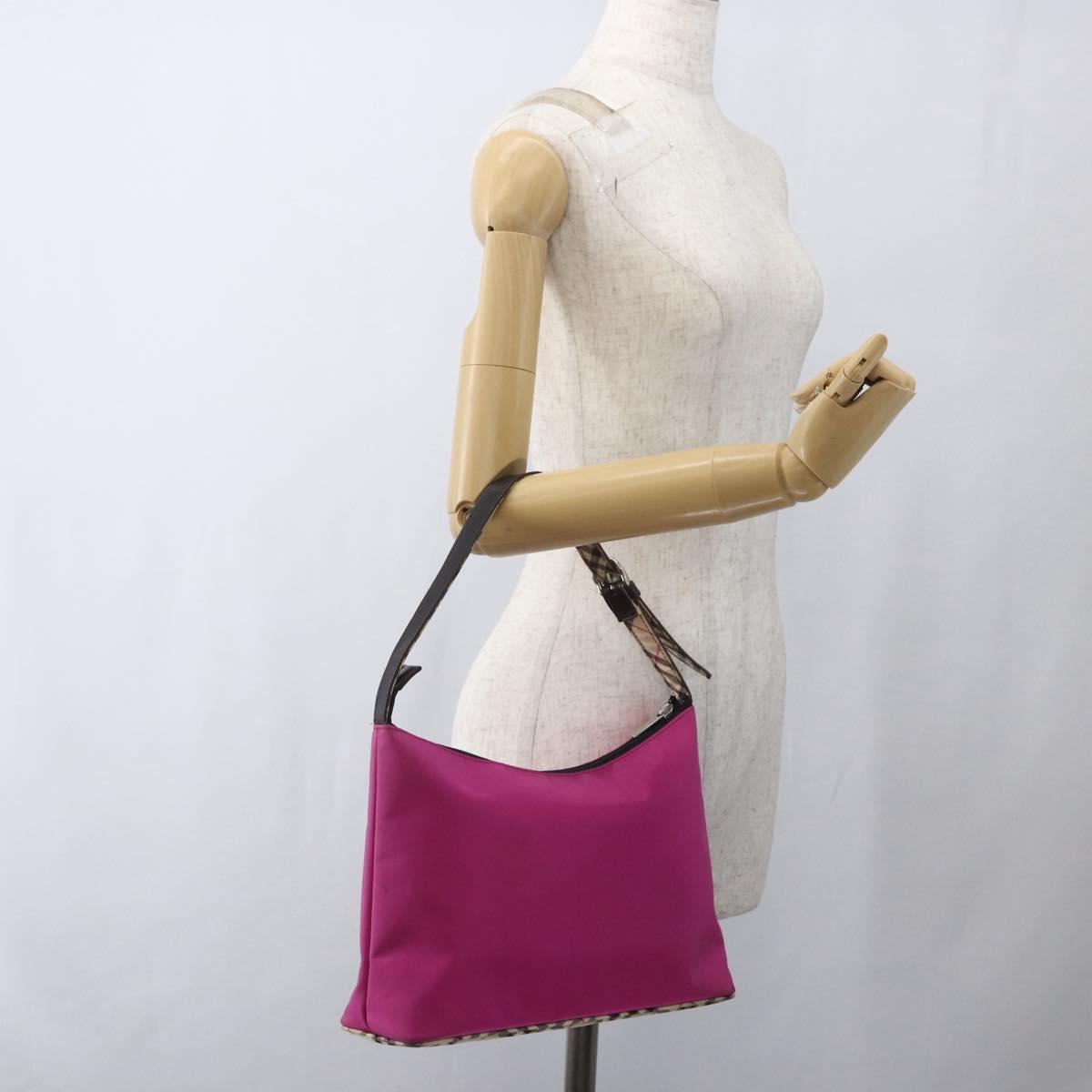 BURBERRY Nova Check Blue Label Shoulder Bag Nylon Pink Silver Auth bs32401