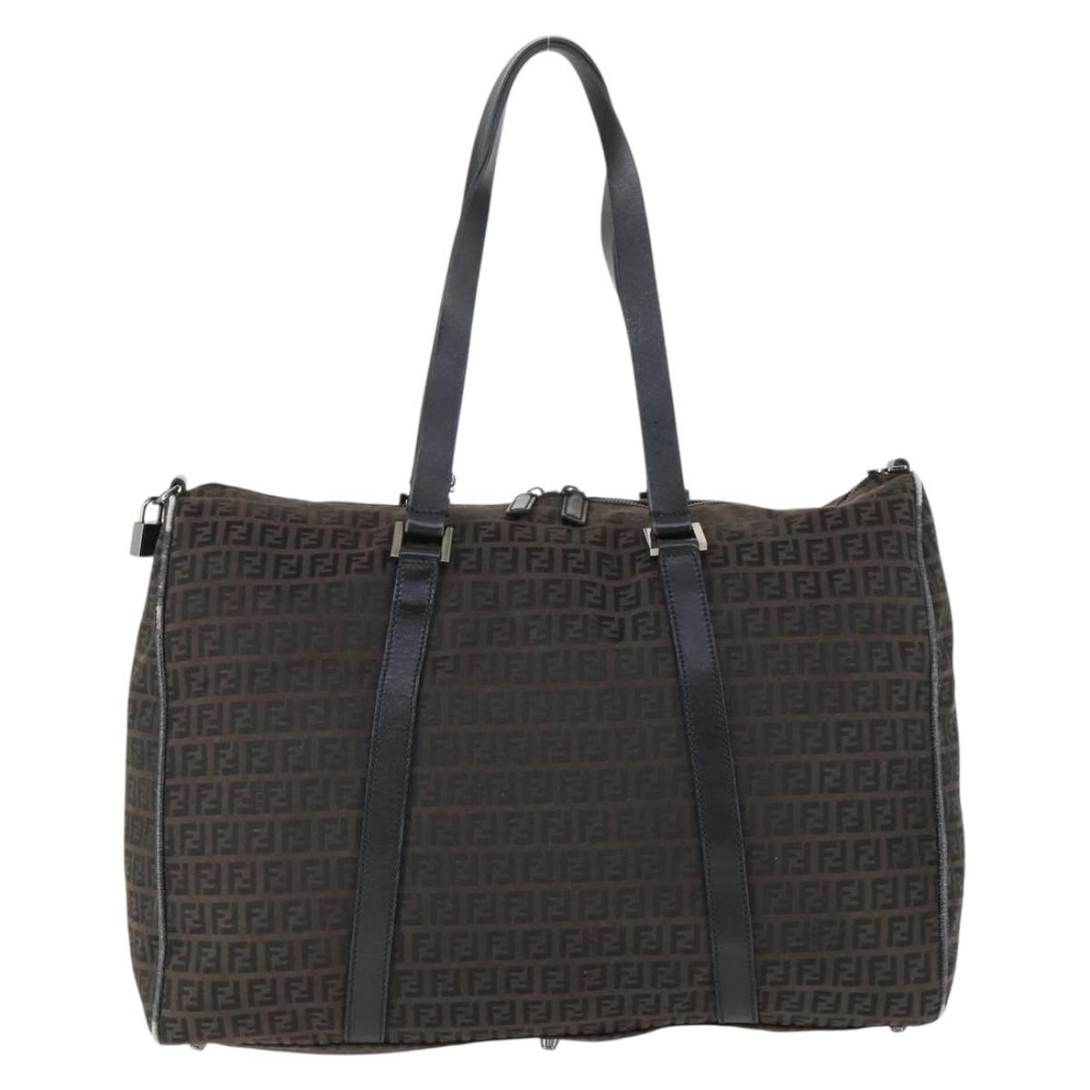 FENDI Zucchino Canvas Boston Bag Brown Black Auth bs32402
