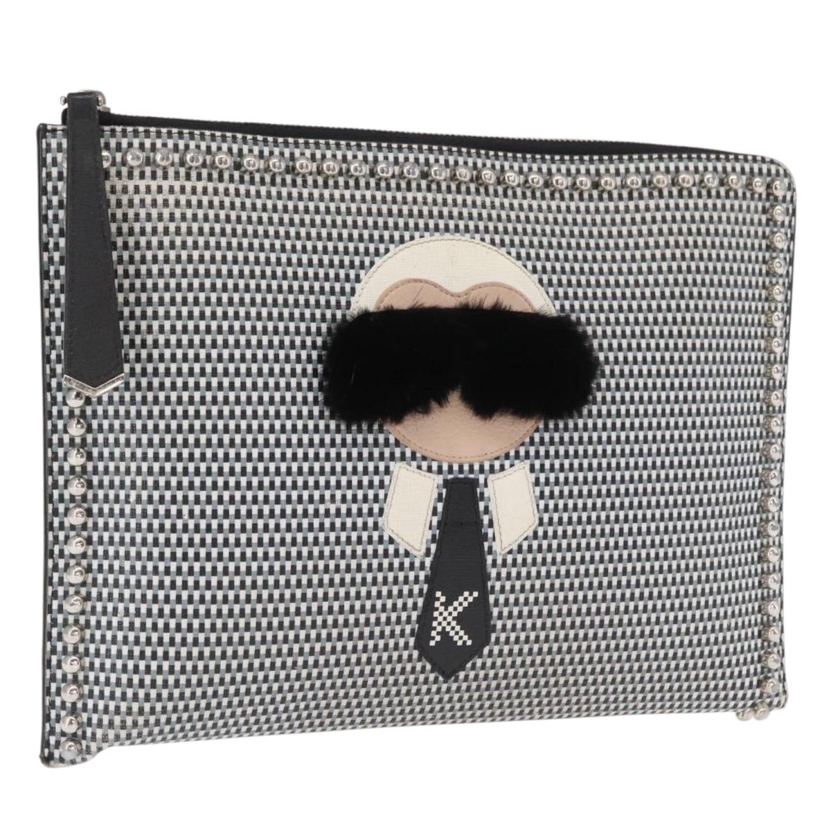 FENDI KARLITO Clutch Bag Leather Black Silver Auth bs32412
