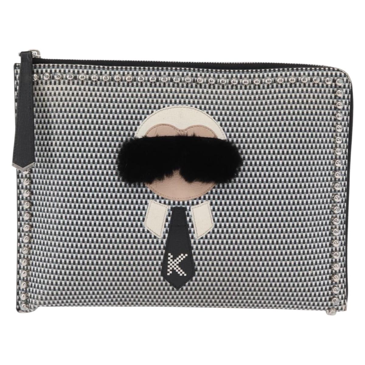 FENDI KARLITO Clutch Bag Leather Black Silver Auth bs32412