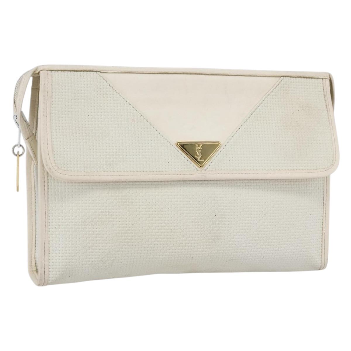 SAINT LAURENT Clutch Bag Coated Canvas White Gold Auth bs32442