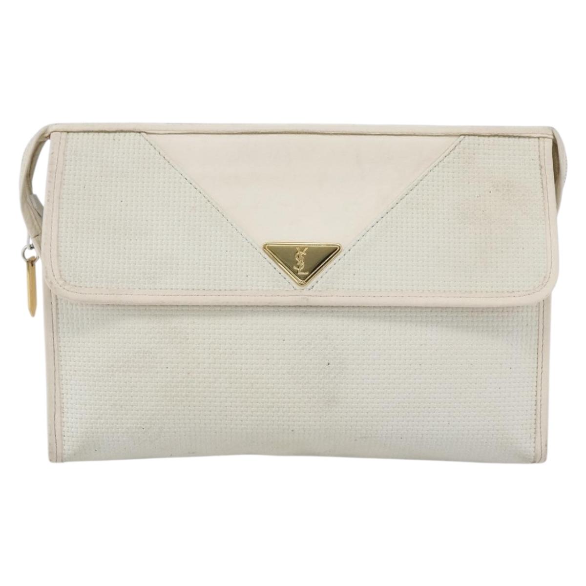 SAINT LAURENT Clutch Bag Coated Canvas White Gold Auth bs32442