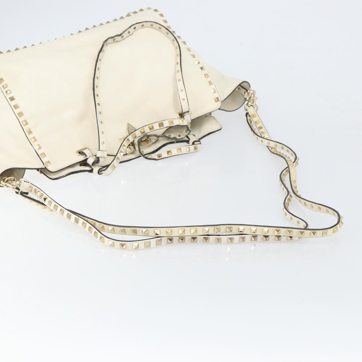 VALENTINO Studs Tote Bag Leather 2way White Gold Auth bs32446