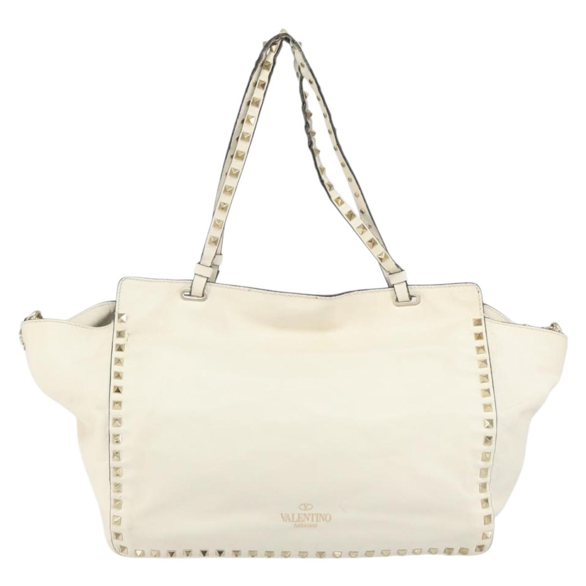 VALENTINO Studs Tote Bag Leather 2way White Gold Auth bs32446