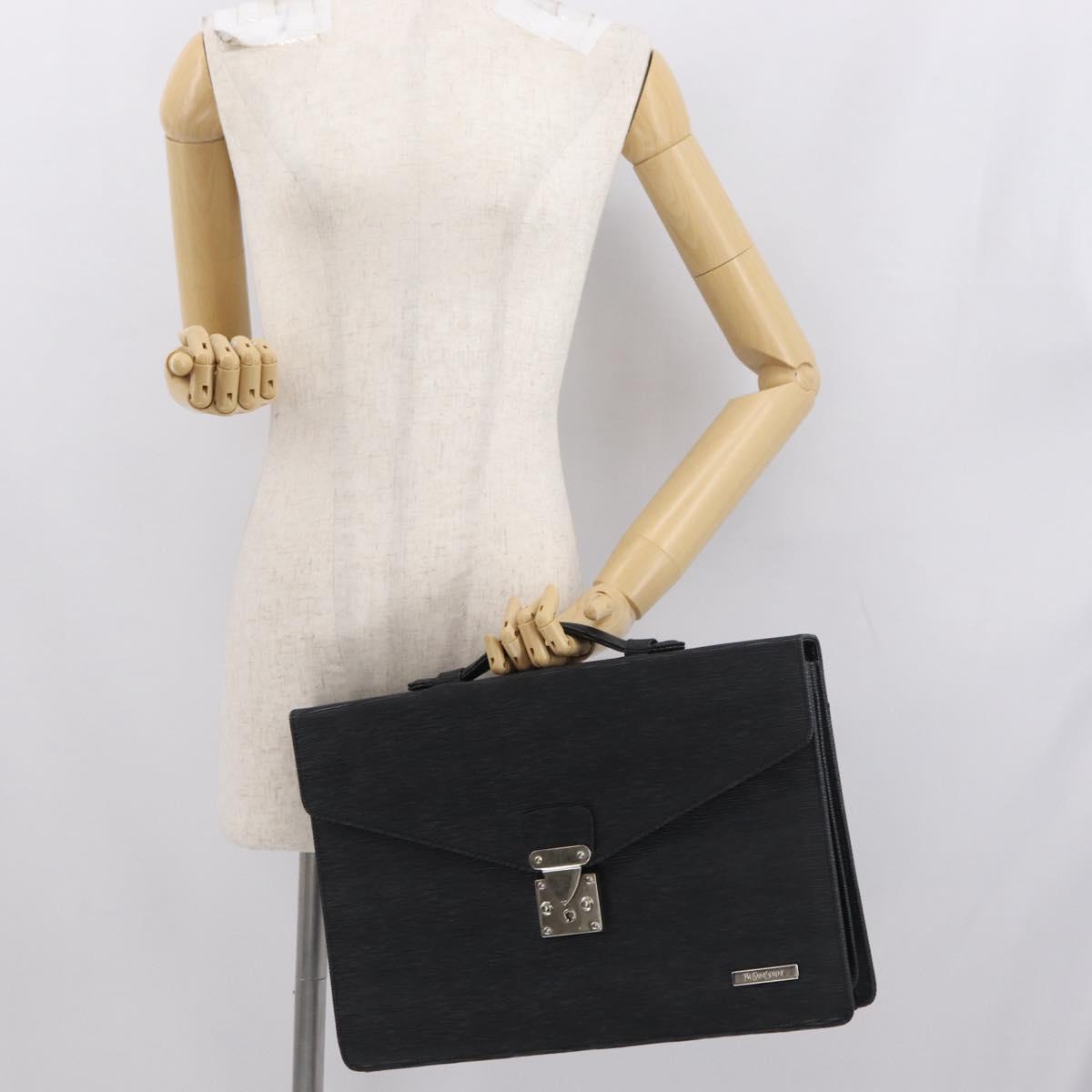 SAINT LAURENT Business Bag Leather Black Silver Auth bs32456