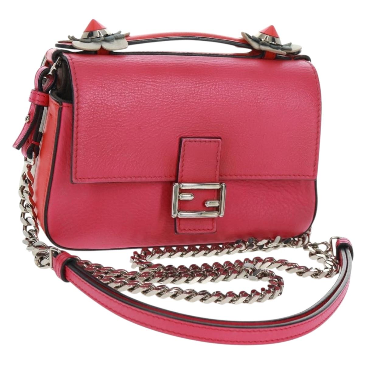 FENDI Chain Double Micro Baguette Shoulder Bag Leather Pink Silver Auth bs32459V
