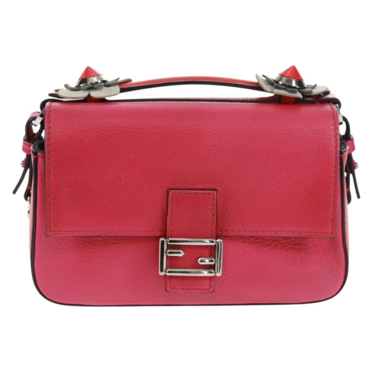 FENDI Chain Double Micro Baguette Shoulder Bag Leather Pink Silver Auth bs32459V