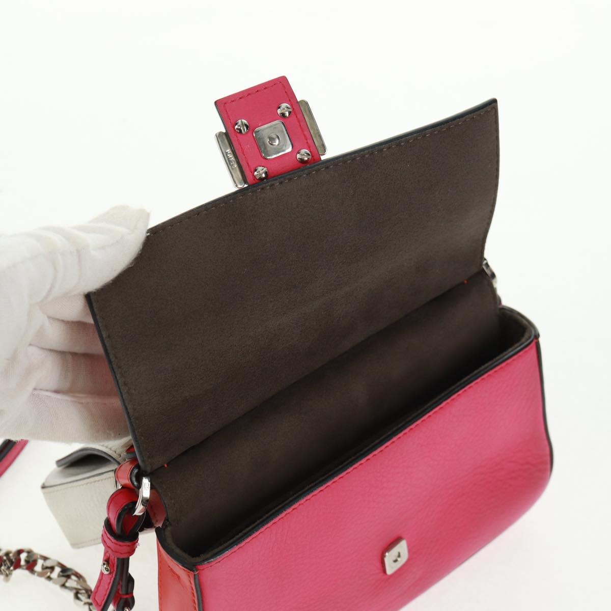 FENDI Chain Double Micro Baguette Shoulder Bag Leather Pink Silver Auth bs32459V