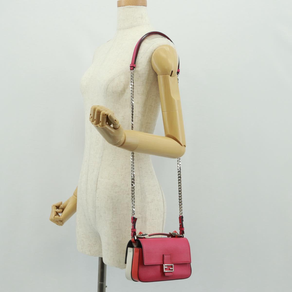 FENDI Chain Double Micro Baguette Shoulder Bag Leather Pink Silver Auth bs32459V