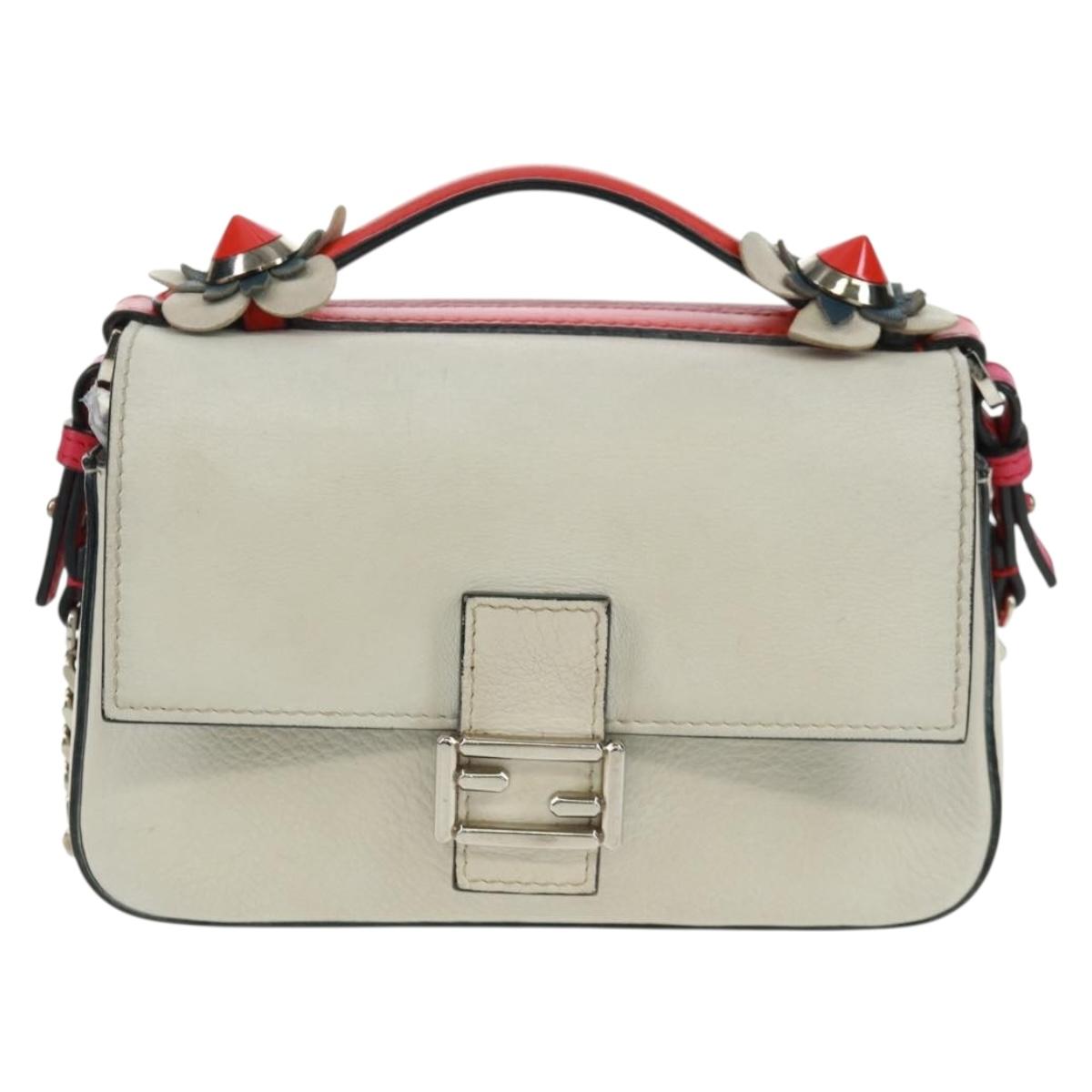 FENDI Chain Double Micro Baguette Shoulder Bag Leather Pink Silver Auth bs32459V