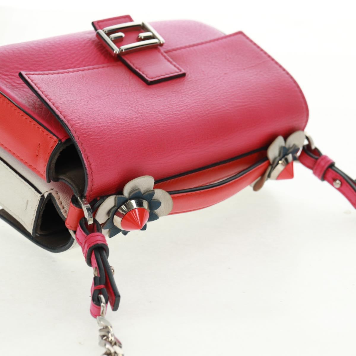 FENDI Chain Double Micro Baguette Shoulder Bag Leather Pink Silver Auth bs32459V